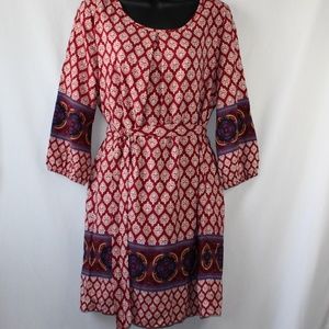 Pink Owl Printed Shift Dress Medium 3/4 Sleeve in red and gold